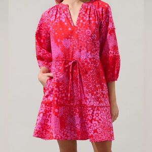 Sugarlips Addie Floral Dabria Split Neck Mini Dress Size Medium 100% Cotton